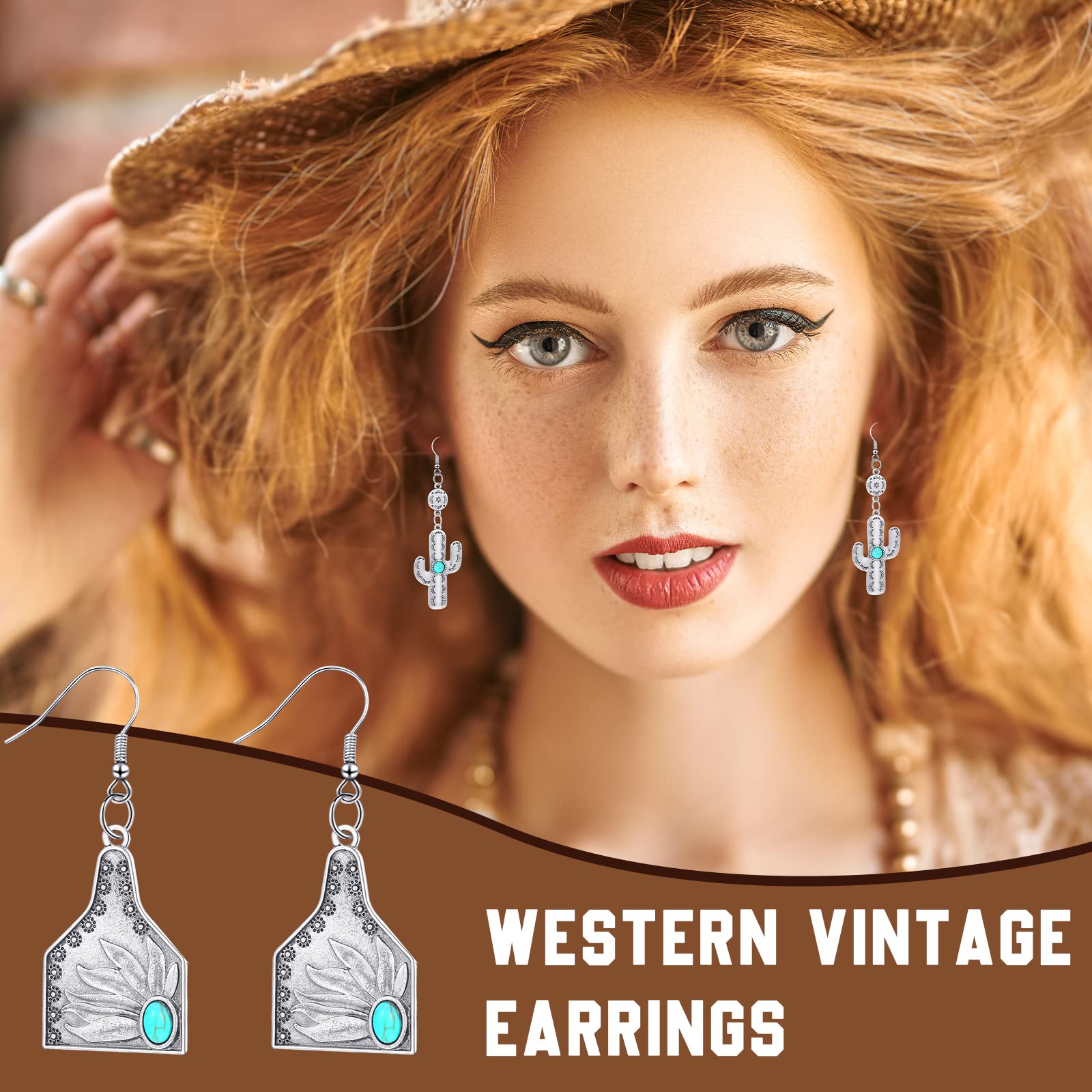 20 Pairs Western Earrings Jewelry for Women Cowgirl Cowboy Boho Vintage Handmade Cow Print Leather Wood Turquoise Teardrop Dangle Earrings Bulk Bohemian (Classic Style)