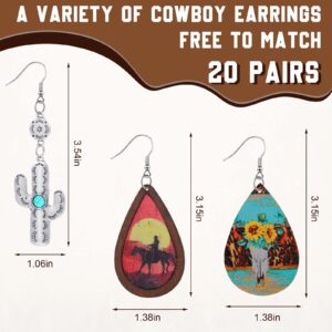 20 Pairs Western Earrings Jewelry for Women Cowgirl Cowboy Boho Vintage Handmade Cow Print Leather Wood Turquoise Teardrop Dangle Earrings Bulk Bohemian (Classic Style)