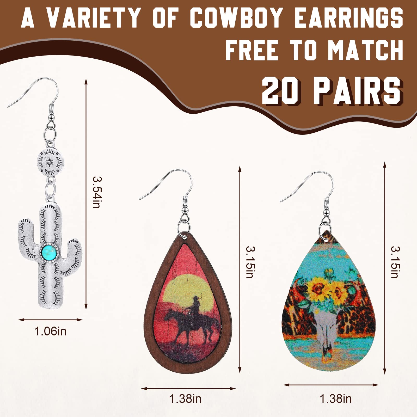 20 Pairs Western Earrings Jewelry for Women Cowgirl Cowboy Boho Vintage Handmade Cow Print Leather Wood Turquoise Teardrop Dangle Earrings Bulk Bohemian (Classic Style)