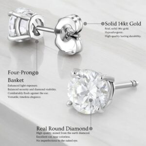 Natural Round Diamond Stud Earrings for Women Solitaire Four Prong 14K Gold Push Backing (I Color, SI1 Clarity) (1/2 ct. tw., White Gold)