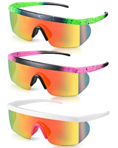 fabbay 3 pair neon retro mirrored sunglasses 80s 90s semi rimless colored lens sunglasses for sport men women(classic colors)