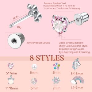 Jstyle 8 Pairs Cute Screw Back Earrings for Girls Women Pink CZ Heart Unicorn Stud Earrings Stainless Steel Flower Ball Screwback Earrings Set