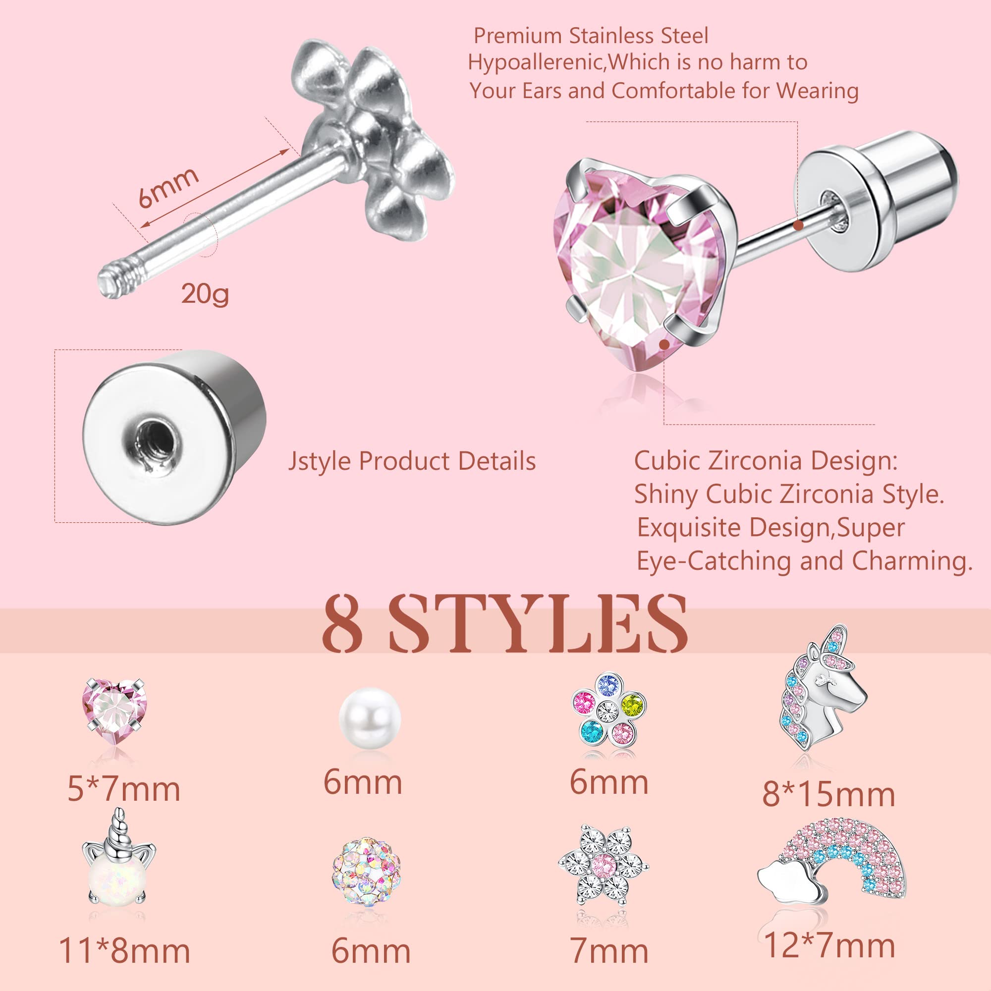 Jstyle 8 Pairs Cute Screw Back Earrings for Girls Women Pink CZ Heart Unicorn Stud Earrings Stainless Steel Flower Ball Screwback Earrings Set