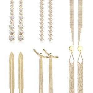 THUNARAZ 6Pairs Long Earrings for Women Dangling Drop Hypoallergenic Rhinestone Crystal Simple Sleek Statement Earrings in Gold or Silver Tone- Safe for Sensitive Ear