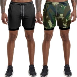 GYMELITE Men's 2 in 1 Workout Running Shorts 7" Gym Yoga Active Sports Shorts Lightweight Training with Phone Pockets(BKCGN M)