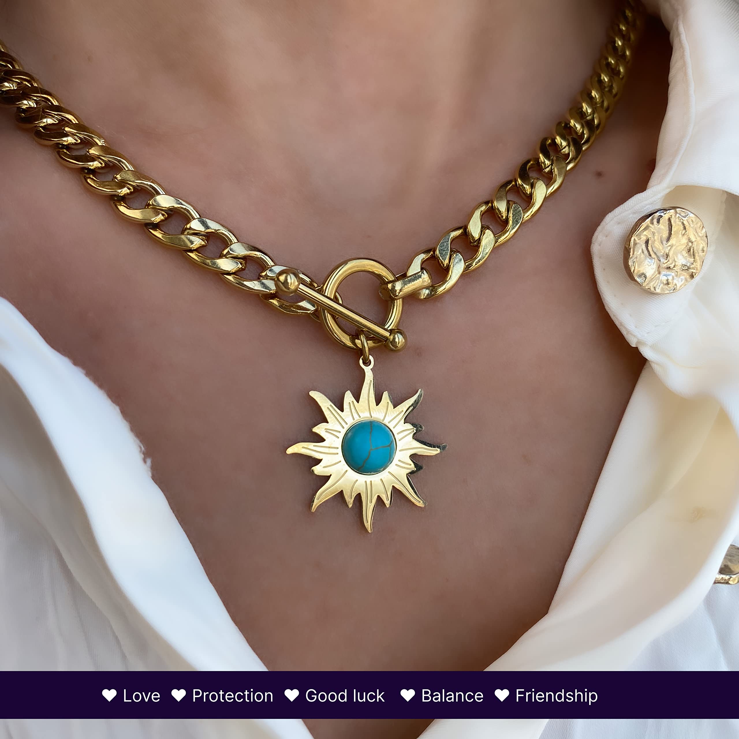 Sun Necklace Gold Turquoise Necklace Chunky Gold Necklace with Sun Pendant 18kt High End Turquoise Jewelry for Her Crysal Necklaces