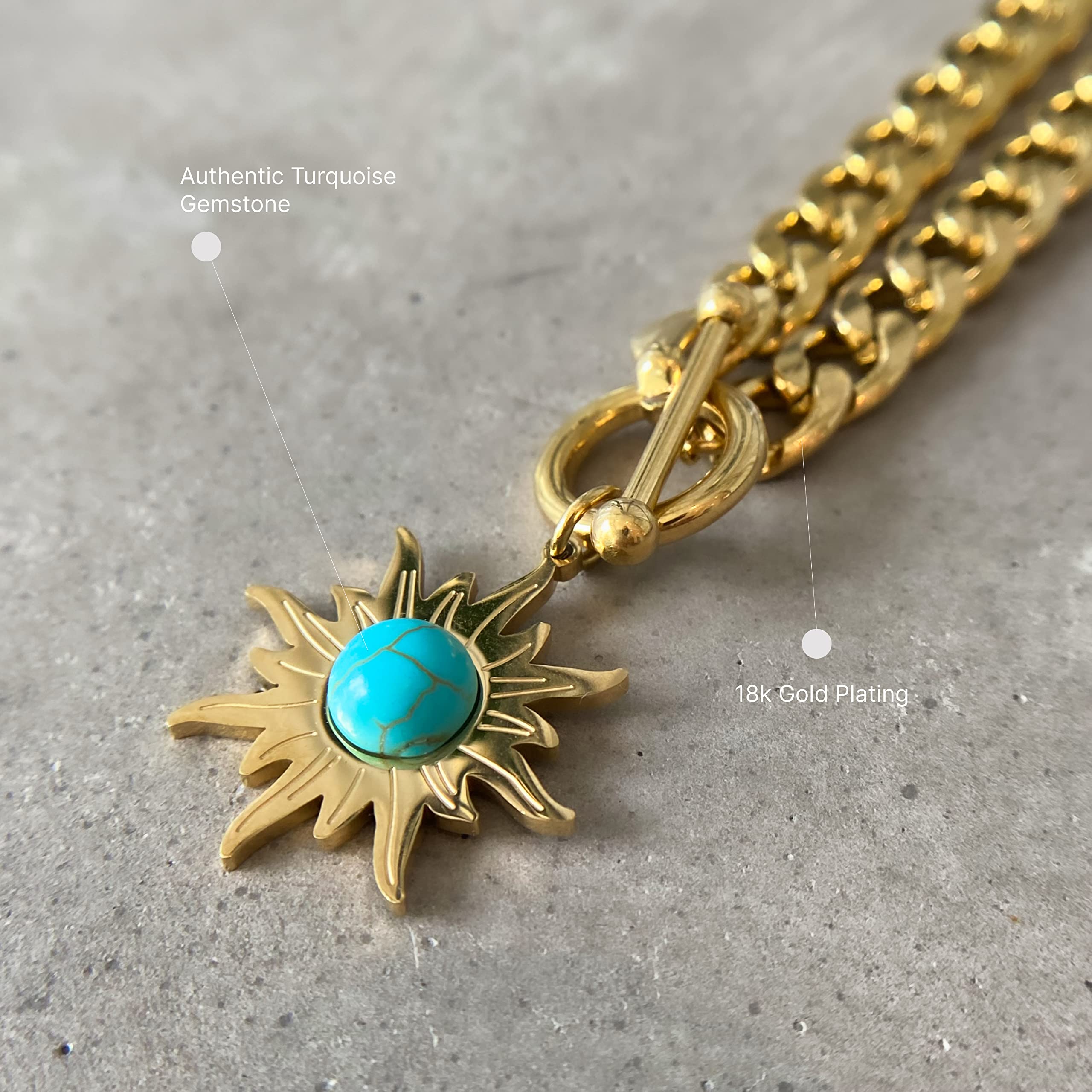 Sun Necklace Gold Turquoise Necklace Chunky Gold Necklace with Sun Pendant 18kt High End Turquoise Jewelry for Her Crysal Necklaces