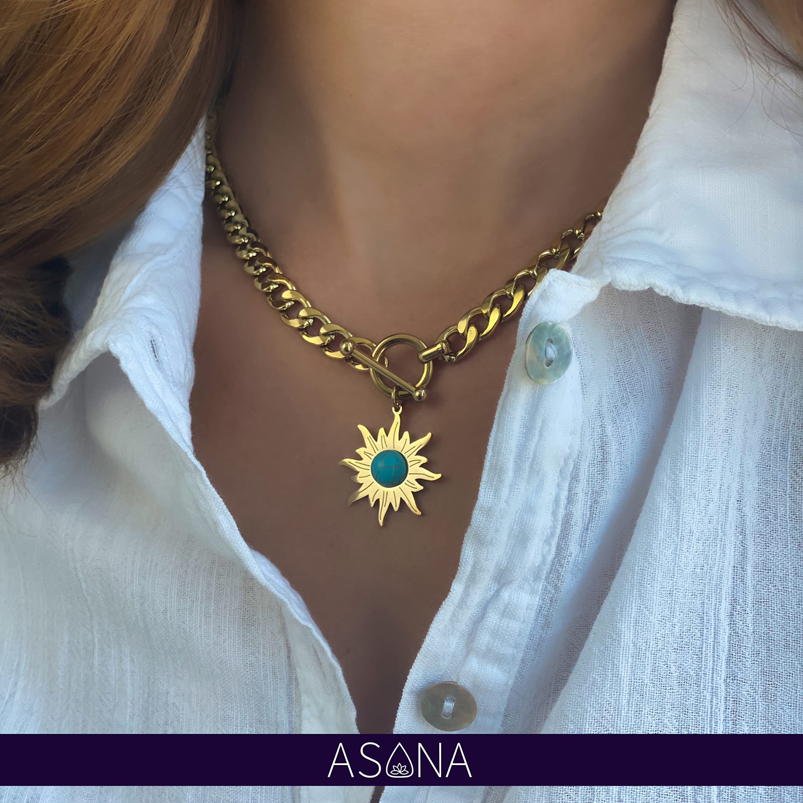 Sun Necklace Gold Turquoise Necklace Chunky Gold Necklace with Sun Pendant 18kt High End Turquoise Jewelry for Her Crysal Necklaces