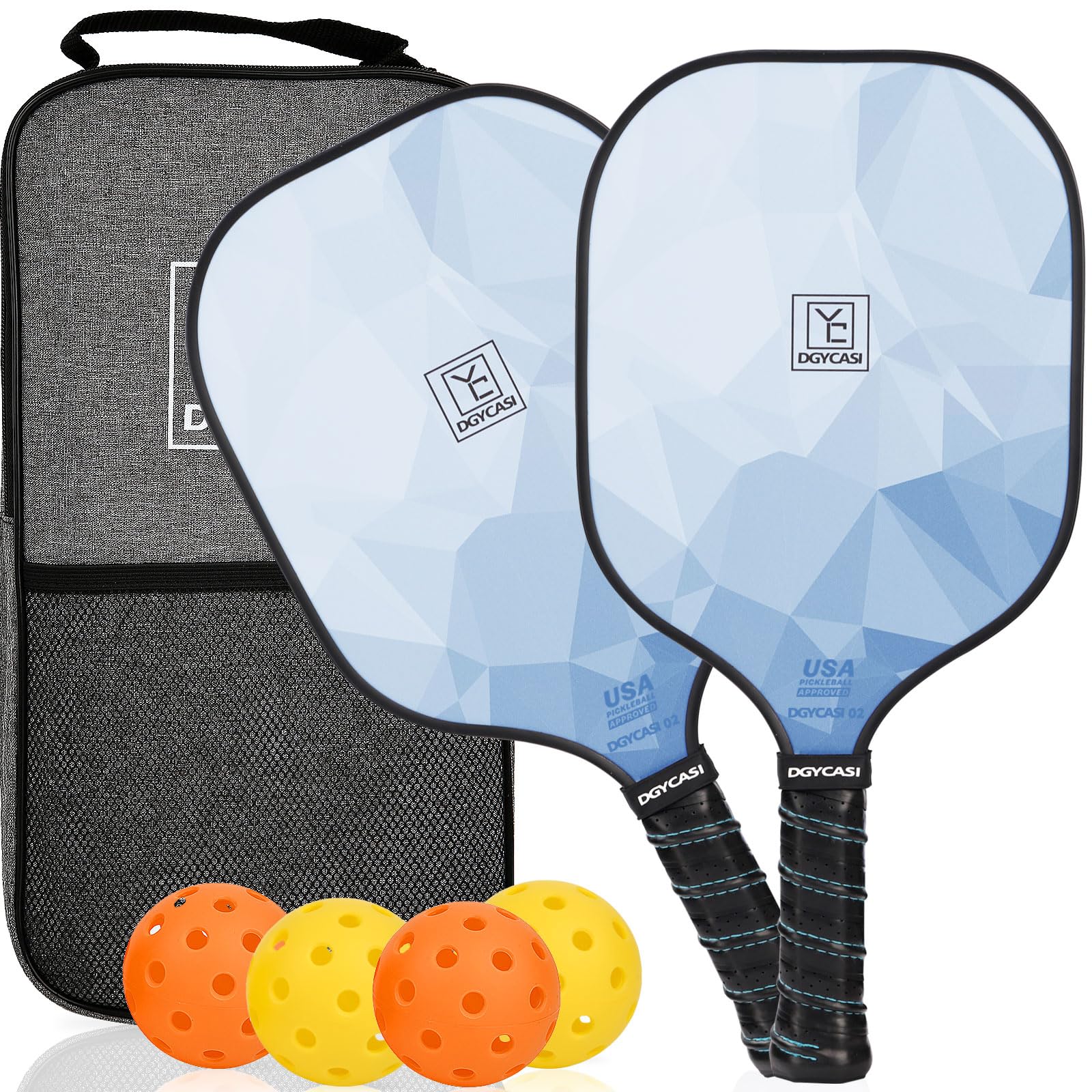 Pickleball Paddles Set of 2, 2024 USAPA Approved, Carbon Fiber Surface (CHS), Polypropylene Honeycomb Core, Anti-Slip Sweat-Absorbing Grip, 4 Pickleball, Portable Carry Bag (Blue)