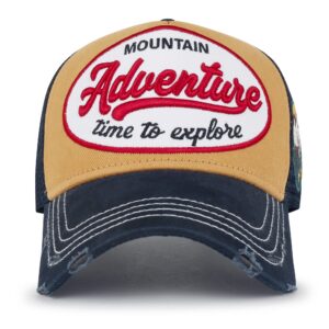 ililily Premium Adventure Patch Structured Trucker Hat Distressed Baseball Cap (as1, Alpha, m, Yellow - Adventure)