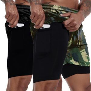 GYMELITE Men's 2 in 1 Workout Running Shorts 7" Gym Yoga Active Sports Shorts Lightweight Training with Phone Pockets(BKCGN M)