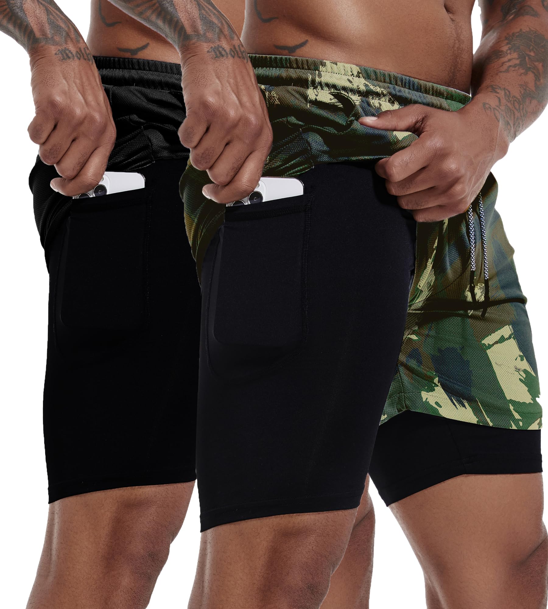 GYMELITE Men's 2 in 1 Workout Running Shorts 7" Gym Yoga Active Sports Shorts Lightweight Training with Phone Pockets(BKCGN M)