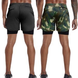 GYMELITE Men's 2 in 1 Workout Running Shorts 7" Gym Yoga Active Sports Shorts Lightweight Training with Phone Pockets(BKCGN M)