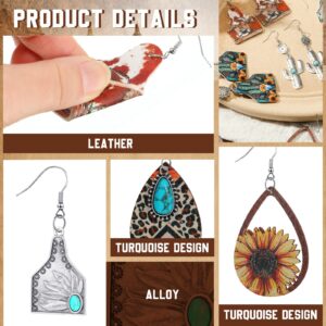 20 Pairs Western Earrings Jewelry for Women Cowgirl Cowboy Boho Vintage Handmade Cow Print Leather Wood Turquoise Teardrop Dangle Earrings Bulk Bohemian (Classic Style)