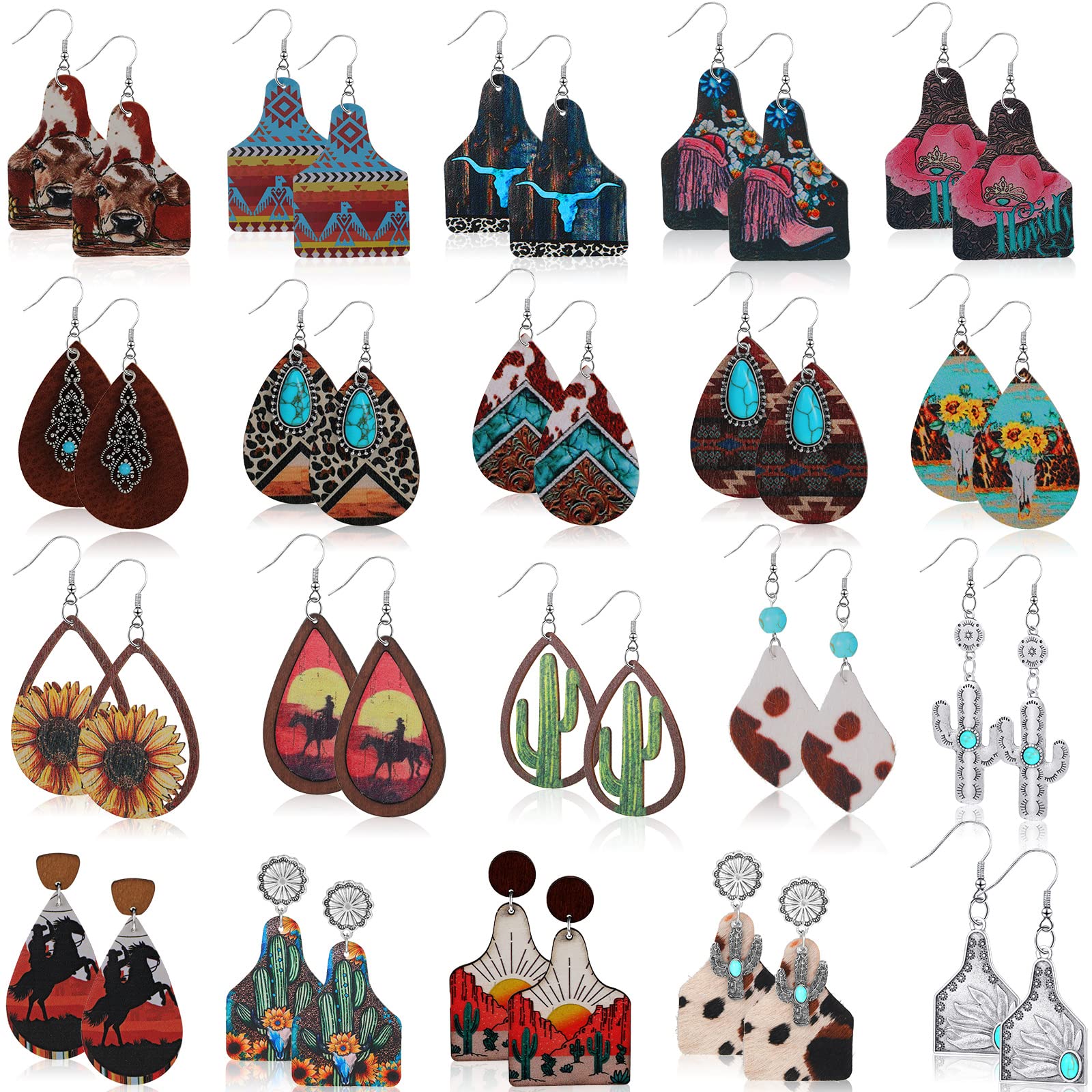 20 Pairs Western Earrings Jewelry for Women Cowgirl Cowboy Boho Vintage Handmade Cow Print Leather Wood Turquoise Teardrop Dangle Earrings Bulk Bohemian (Classic Style)