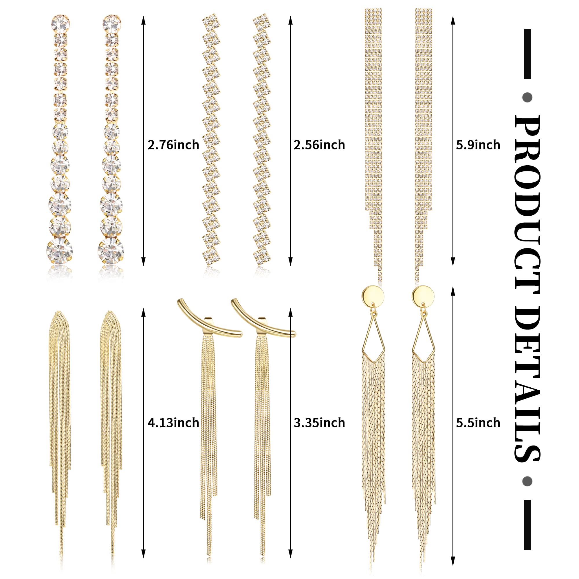 THUNARAZ 6Pairs Long Earrings for Women Dangling Drop Hypoallergenic Rhinestone Crystal Simple Sleek Statement Earrings in Gold or Silver Tone- Safe for Sensitive Ear