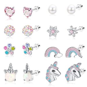 jstyle 8 pairs cute screw back earrings for girls women pink cz heart unicorn stud earrings stainless steel flower ball screwback earrings set