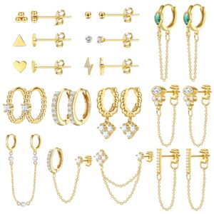 besteel 27pcs 14k gold plated huggie hoop stud earrings set for women,fashion hypoallergenic small dainty dangle chain earrings for multiple piercing, stainless steel, cubic zirconia