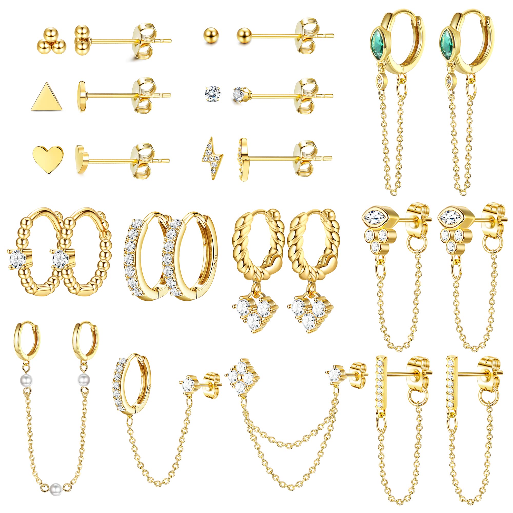 BESTEEL 27PCS 14K Gold Plated Huggie Hoop Stud Earrings Set for Women,Fashion Hypoallergenic Small Dainty Dangle Chain Earrings for Multiple Piercing, Stainless Steel, Cubic Zirconia