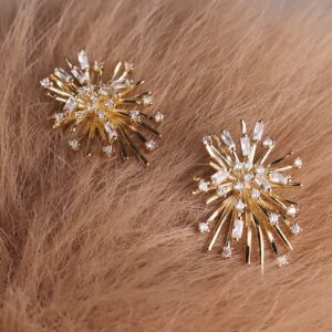 Sonateomber Firework Flower Big Gold Statement Stud Earrings for Women, Trendy Sparkly Rhinestone Cubic Zirconia Burnt Star Unique Hypoallergenic Wedding Bridal Fashion Jewelry Gifts