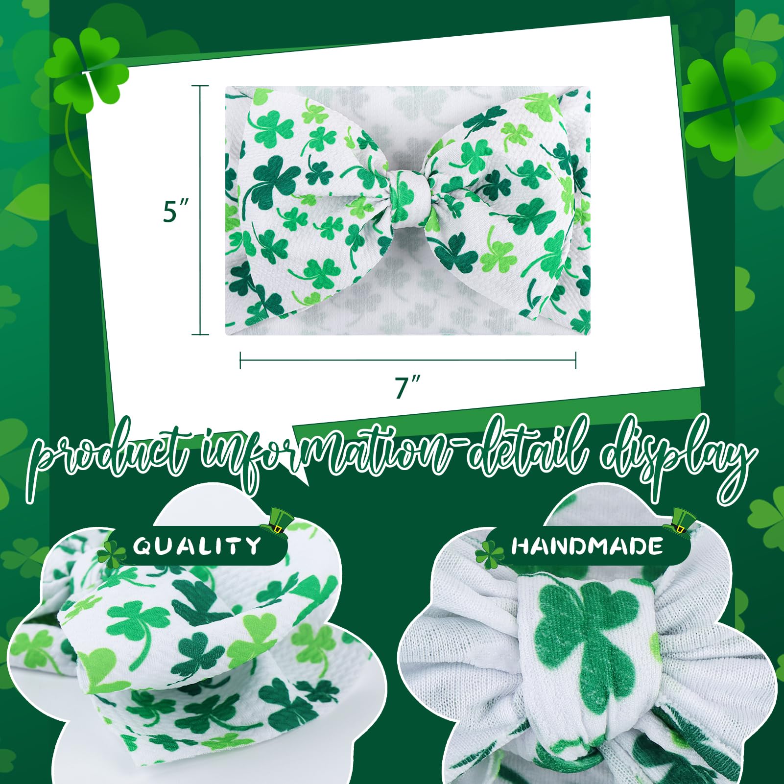 YanJie 7" St.Patrick's Day Baby Girls Headbands Shamrock Print Baby Bows Newborn Wide Hair Bows Handmade St.Patricks Elastics Headband Hair Accessories Gift for Infant Toddlers Kid