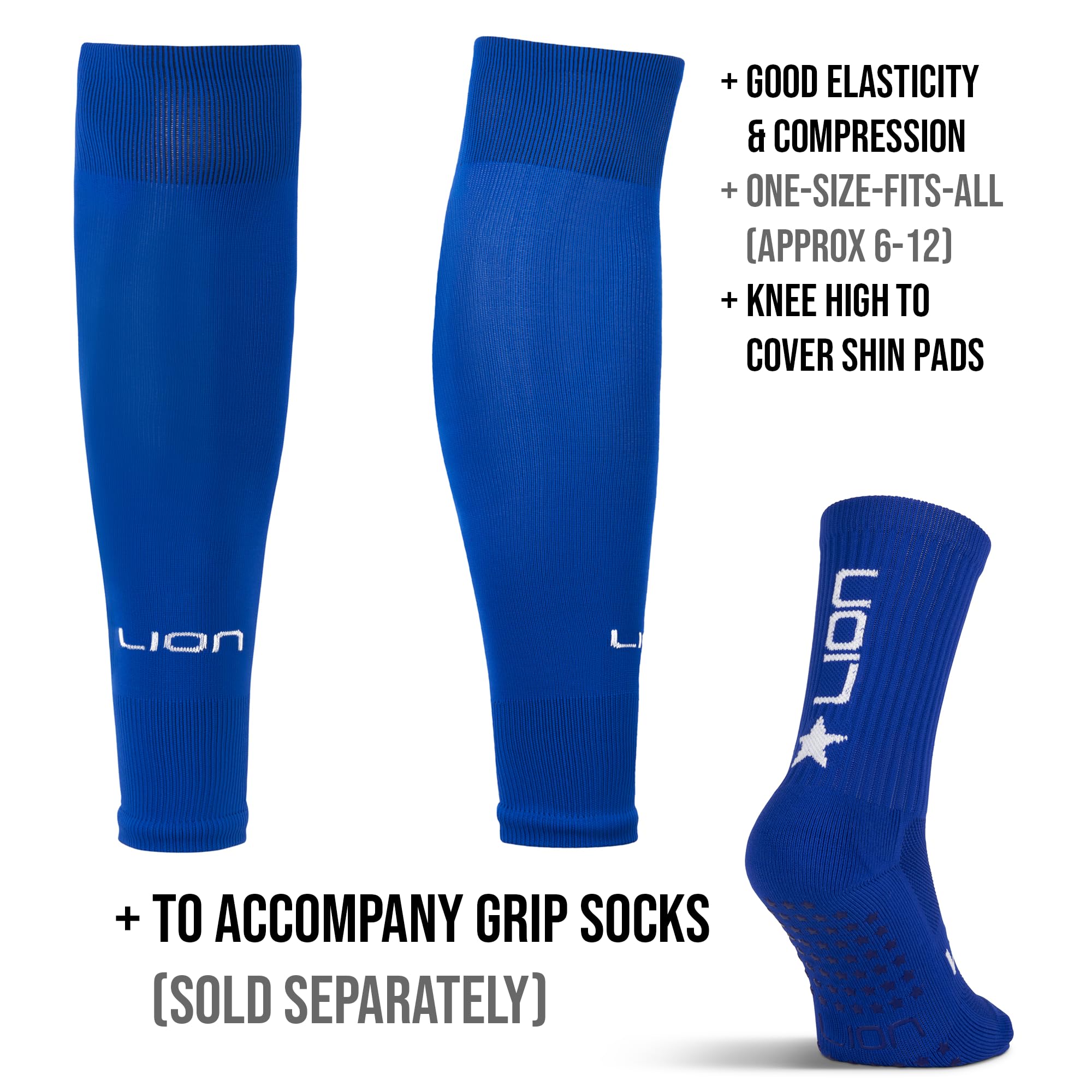 Lion Sportswear Soccer Sock Leg Sleeves To Accompany Grip Socks - Fits Over Calf/Shin Guards - Variety Of Colours To Match Your Team Kit (Royal Blue)