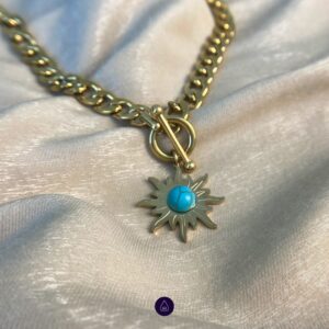 Sun Necklace Gold Turquoise Necklace Chunky Gold Necklace with Sun Pendant 18kt High End Turquoise Jewelry for Her Crysal Necklaces