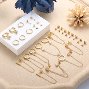 BESTEEL 27PCS 14K Gold Plated Huggie Hoop Stud Earrings Set for Women,Fashion Hypoallergenic Small Dainty Dangle Chain Earrings for Multiple Piercing, Stainless Steel, Cubic Zirconia