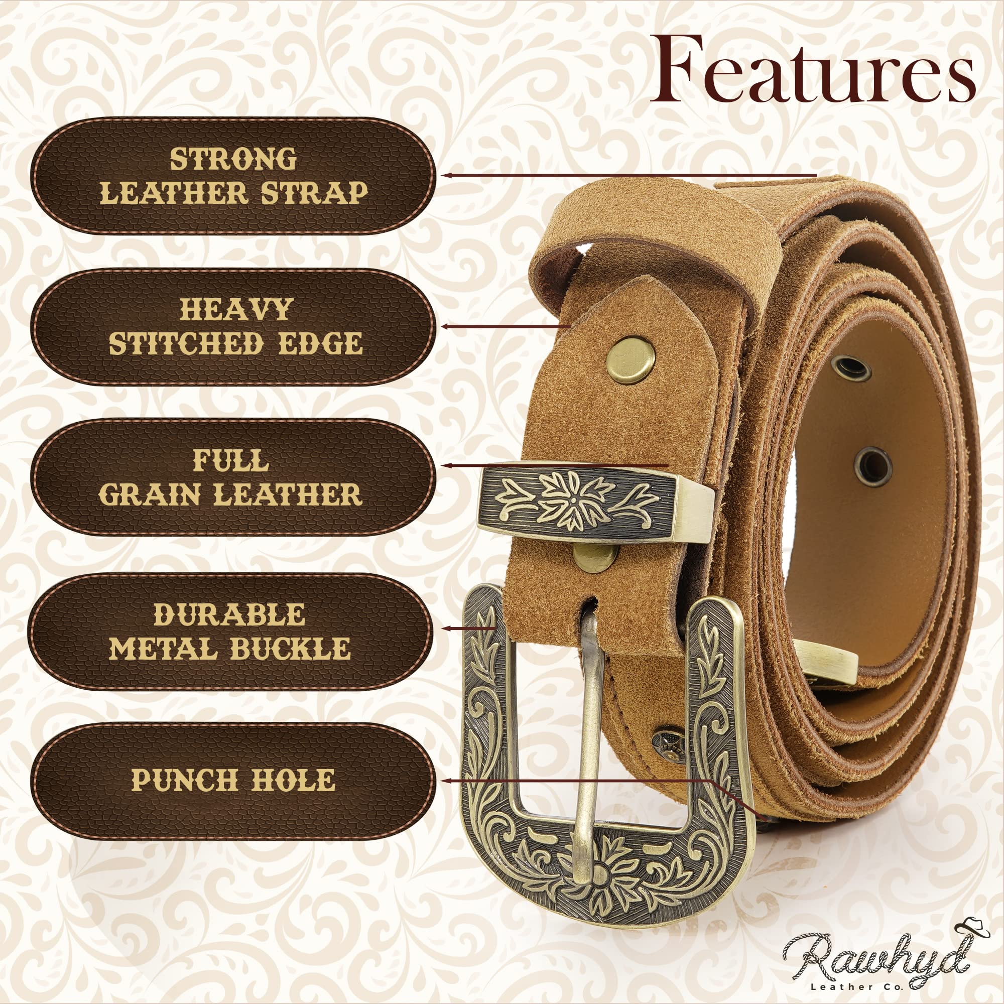 RAW HYD Western Leather Belt for Men (38)