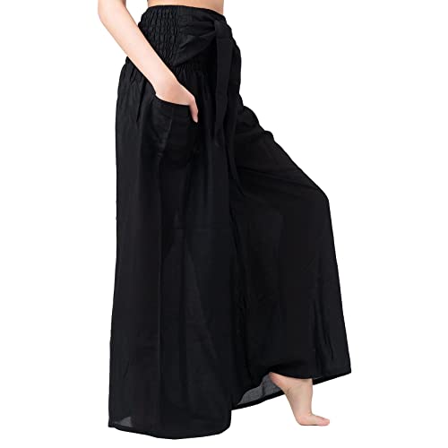 Qwent Casual Work Pants Women Loose Boho Yoga Pants with Pockets High Waist Over Pants Wide Leg Plus Size Fold Stretchy Pants Black