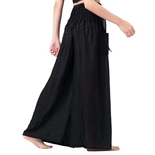 Qwent Casual Work Pants Women Loose Boho Yoga Pants with Pockets High Waist Over Pants Wide Leg Plus Size Fold Stretchy Pants Black