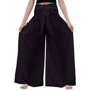 qwent casual work pants women loose boho yoga pants with pockets high waist over pants wide leg plus size fold stretchy pants black