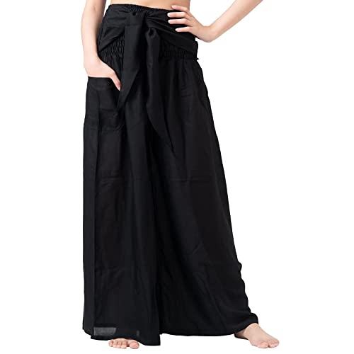 Qwent Casual Work Pants Women Loose Boho Yoga Pants with Pockets High Waist Over Pants Wide Leg Plus Size Fold Stretchy Pants Black