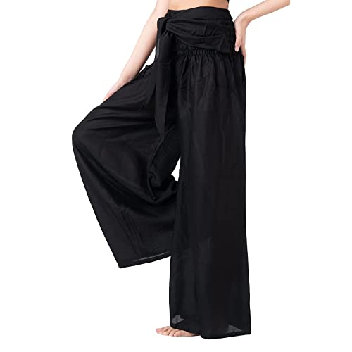 Qwent Casual Work Pants Women Loose Boho Yoga Pants with Pockets High Waist Over Pants Wide Leg Plus Size Fold Stretchy Pants Black