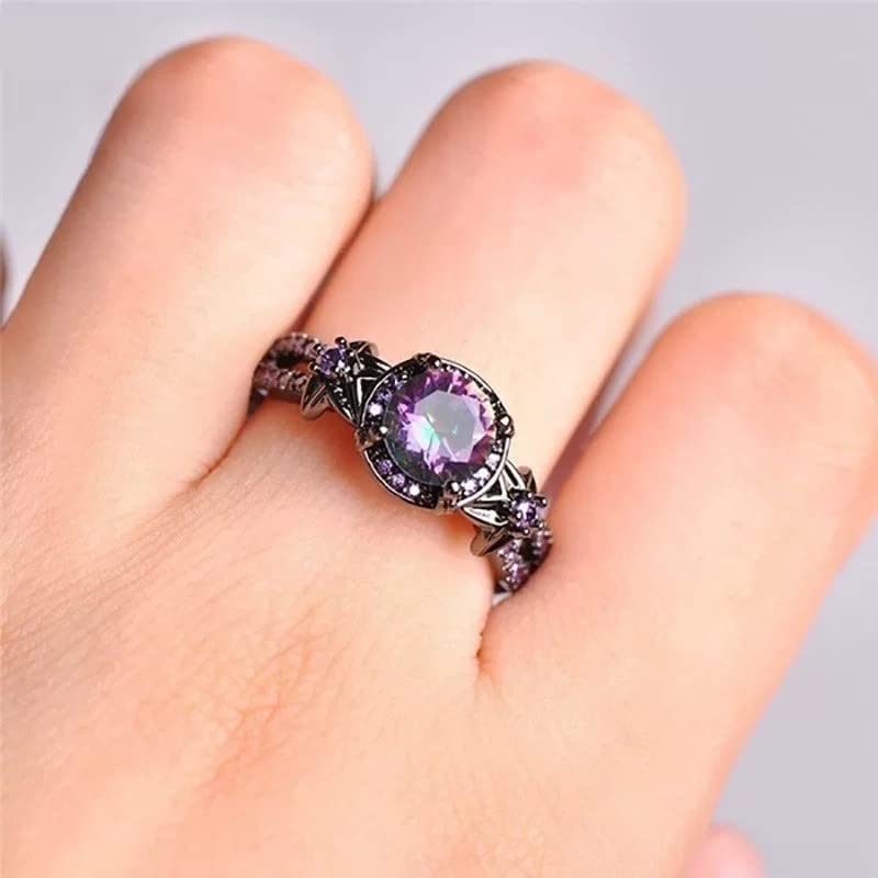 Gothic Black Gold Rretro Female Ring Mysterious Rainbow Topaz With The Creation of Amethyst Flower Gothic Black Gold Engagement Gems Ring-9