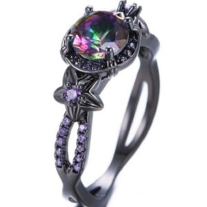 Gothic Black Gold Rretro Female Ring Mysterious Rainbow Topaz With The Creation of Amethyst Flower Gothic Black Gold Engagement Gems Ring-9