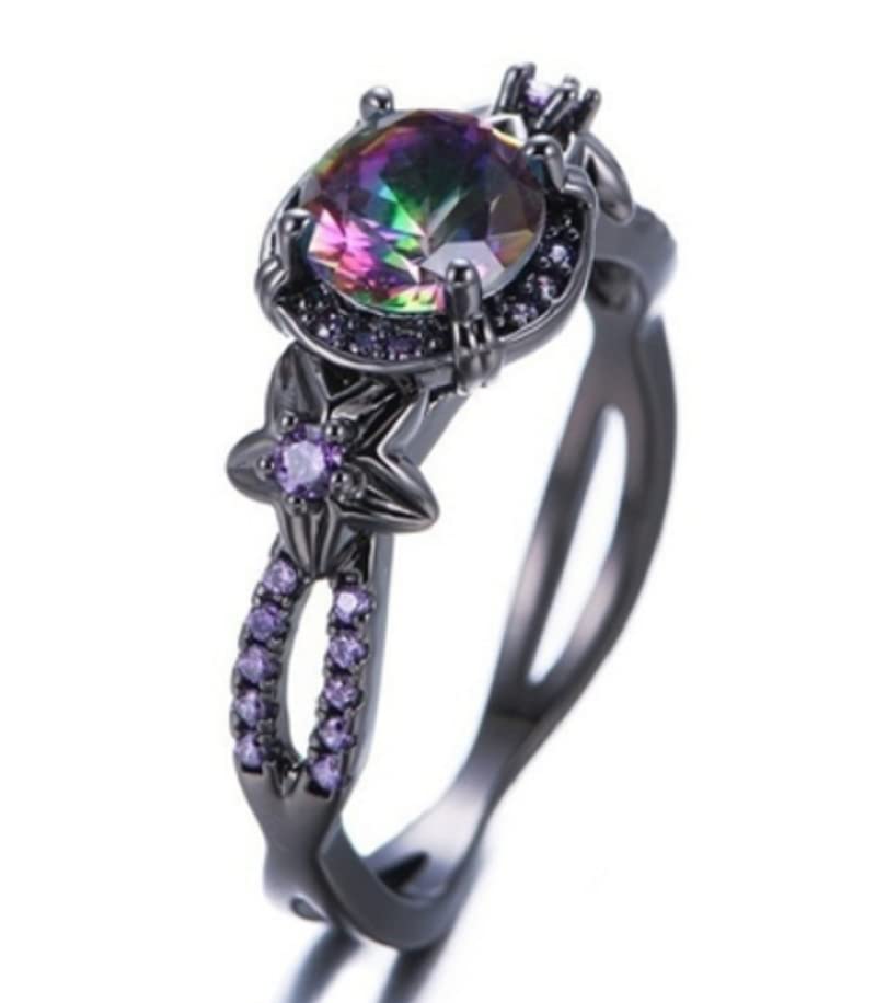 Gothic Black Gold Rretro Female Ring Mysterious Rainbow Topaz With The Creation of Amethyst Flower Gothic Black Gold Engagement Gems Ring-9