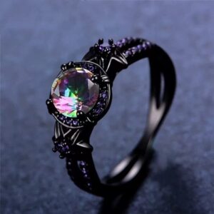 Gothic Black Gold Rretro Female Ring Mysterious Rainbow Topaz With The Creation of Amethyst Flower Gothic Black Gold Engagement Gems Ring-9