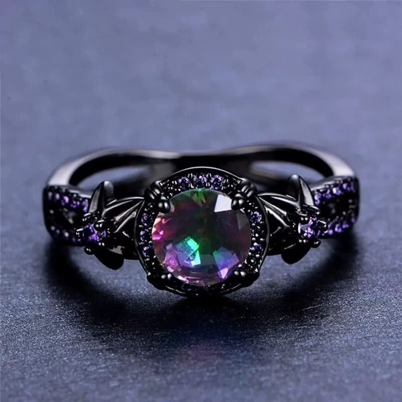 Gothic Black Gold Rretro Female Ring Mysterious Rainbow Topaz With The Creation of Amethyst Flower Gothic Black Gold Engagement Gems Ring-9