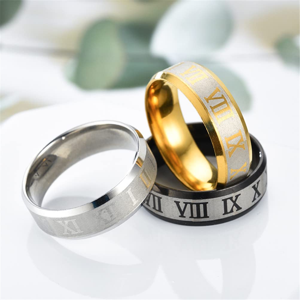 PAURO Unisex Stainless Steel Jewelry 8MM Classic Roman Numerals Couple Ring Wedding Band Gold Size 7