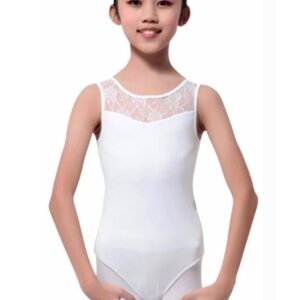 Aslana Lace Tank Leotard, Short & Long Sleeve Leotard for Girls kids Ballet Dance Gymnastics Costume (Medium, White)