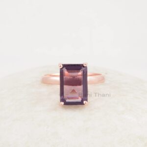 Bani Thani Jewelry Amethyst Quartz 8x12mm Rectangle Gemstone, Rose Gold Plated 925 Silver Ring, Handmade Amethyst Crystal Rings For Women (Silver, 9 US)