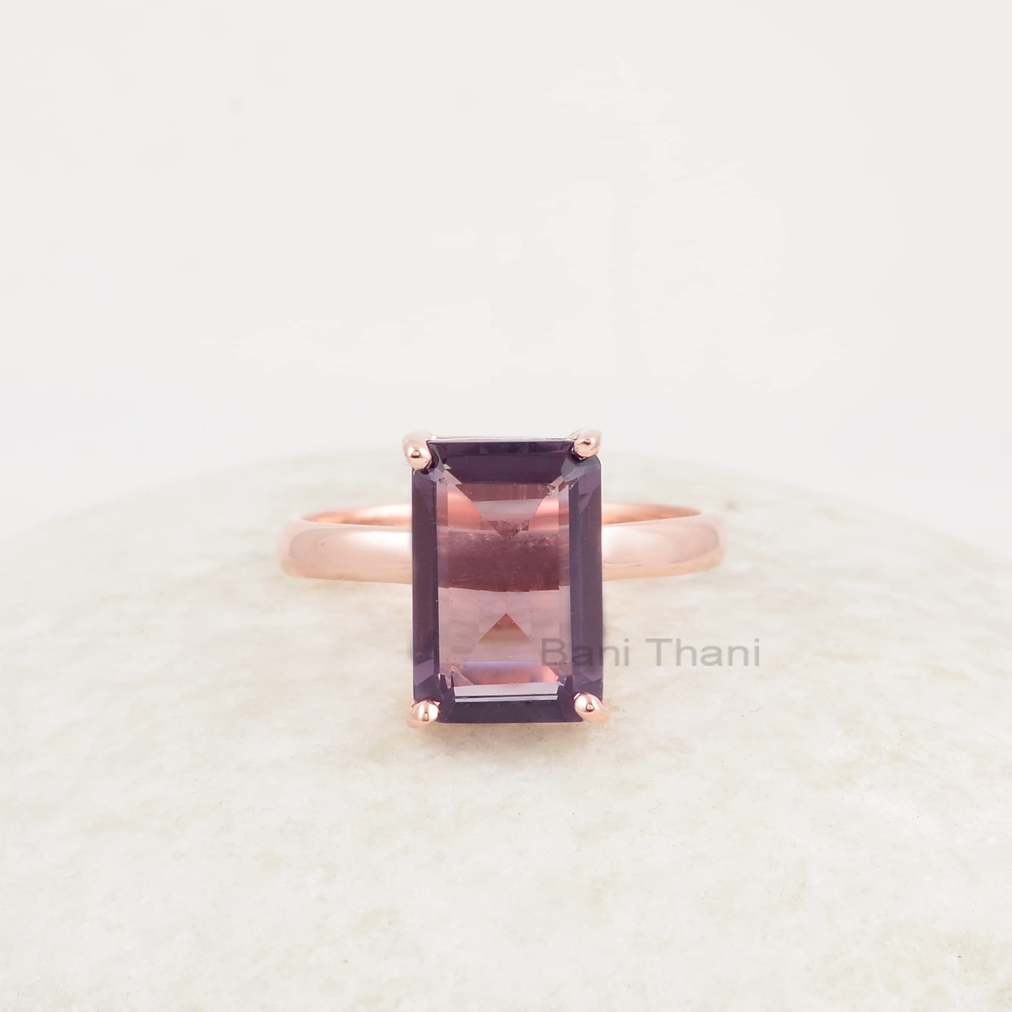 Bani Thani Jewelry Amethyst Quartz 8x12mm Rectangle Gemstone, Rose Gold Plated 925 Silver Ring, Handmade Amethyst Crystal Rings For Women (Silver, 9 US)