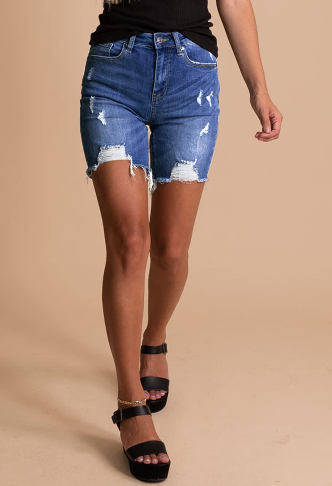 HUUSA Washed Short Jean Pants for Women Casual Spring High Waist Frayed Raw Denim Bermuda Shorts Mid Thigh Destroyed Ripped Jean Shorts with Pockets Dark Blue M