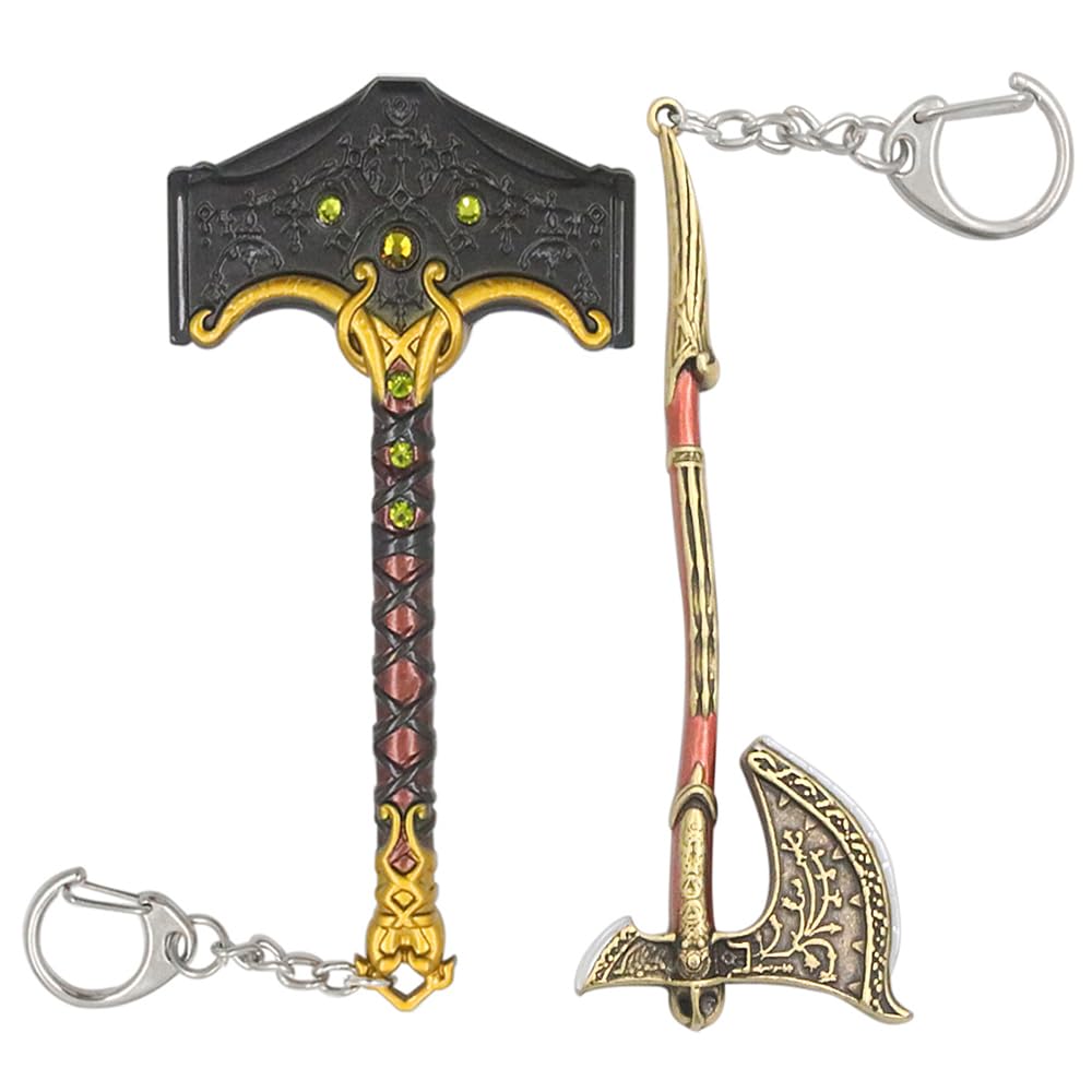 GOW Keychain Set - Leviathan Axe & Mjölnir(Thor) Charm - Cosplay Gifts for Men Women and Game Fans