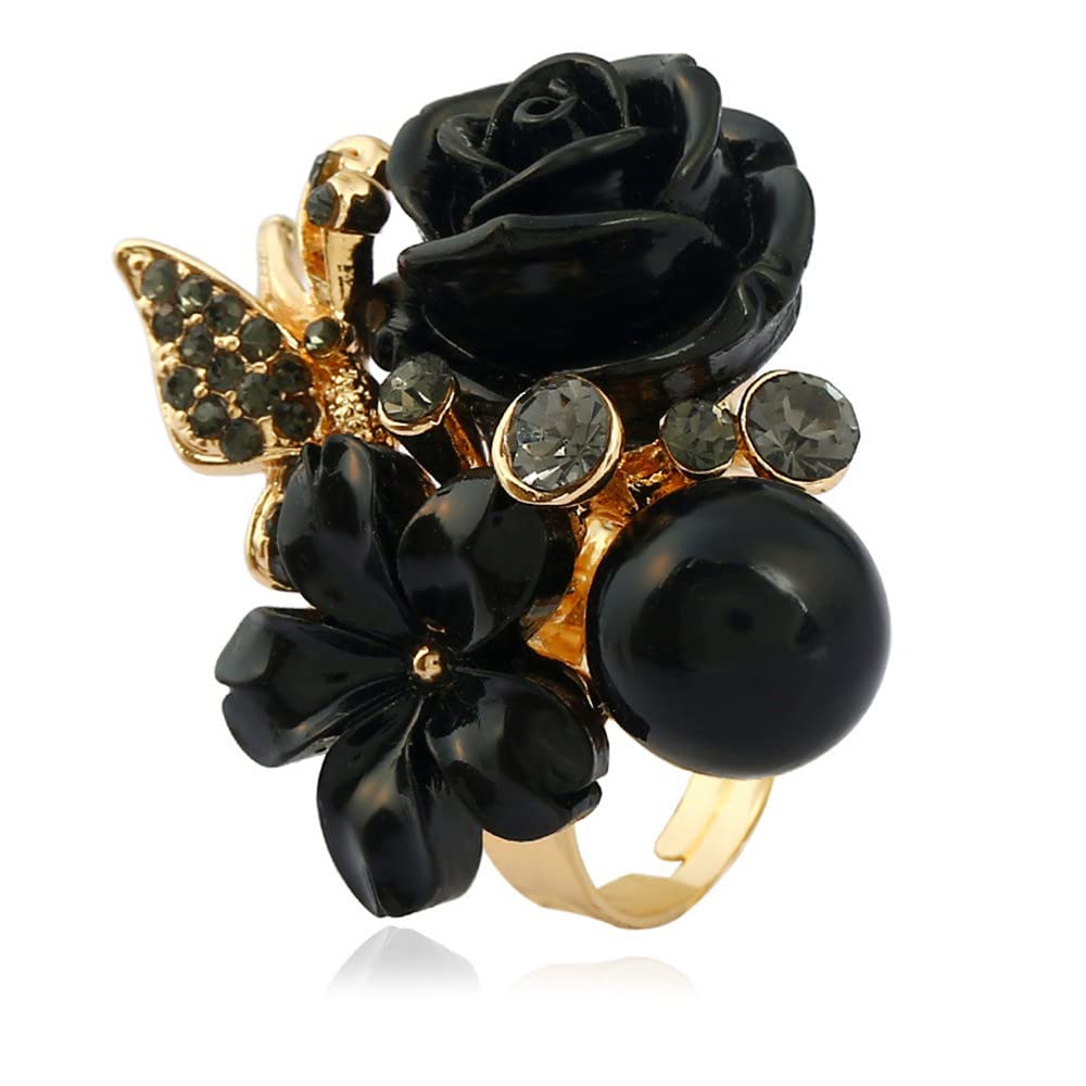 CZ Rose Flower Wedding Ring for Women Statement Engagement Round Rhinstone Crystal Aryclic Daisy Plumeria Adjustable Open Wrap Finger Rings Comfort Fit Cocktail Party Valentine Jewelry (Black)