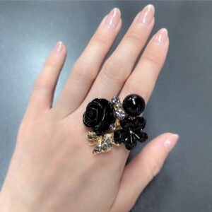 CZ Rose Flower Wedding Ring for Women Statement Engagement Round Rhinstone Crystal Aryclic Daisy Plumeria Adjustable Open Wrap Finger Rings Comfort Fit Cocktail Party Valentine Jewelry (Black)