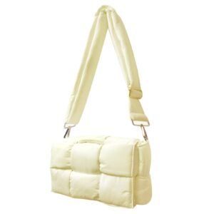 Women's shoulder bag puffer cassette purse hand woven down fabric cotton padded handbag (Light Yellow)