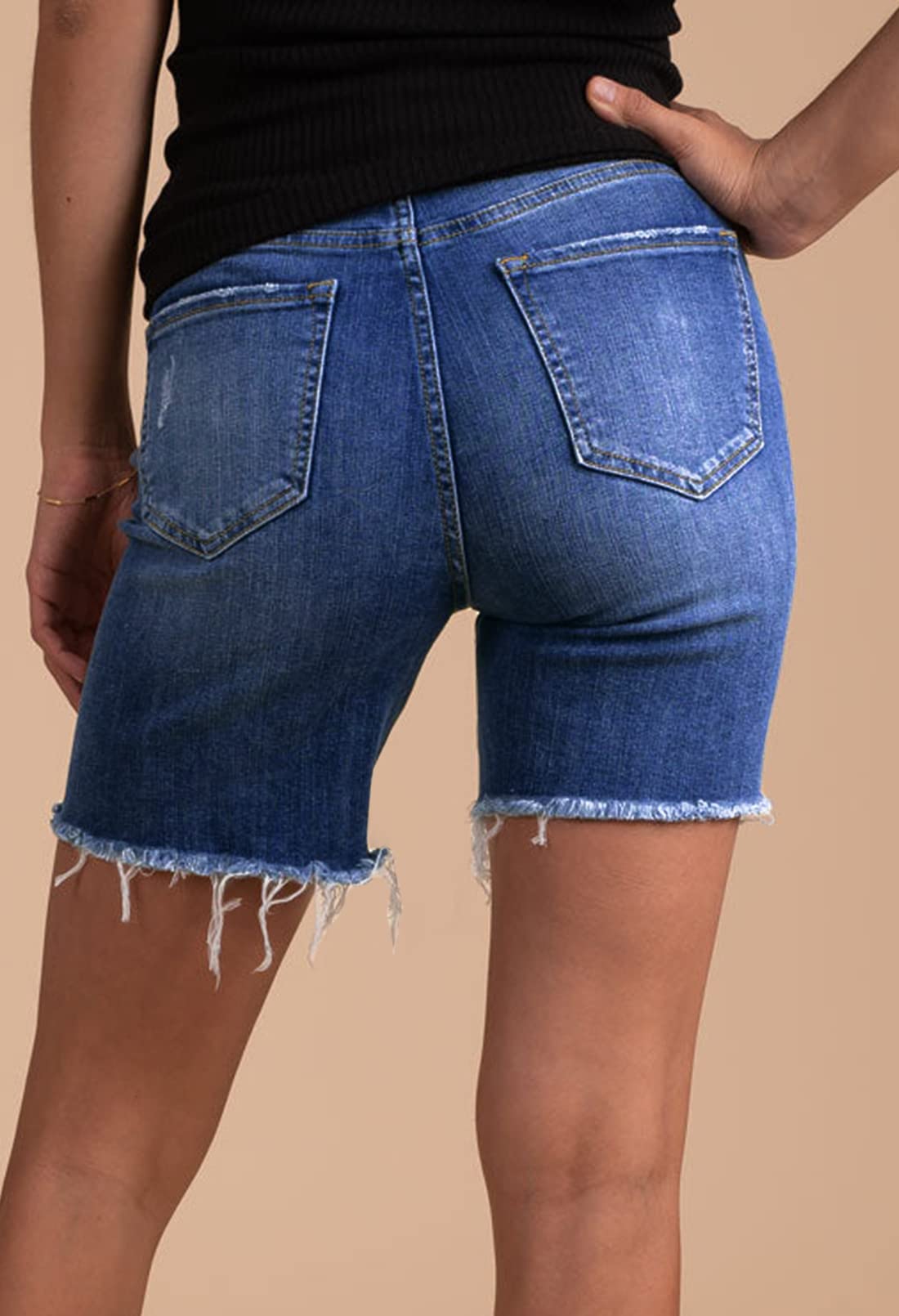 HUUSA Washed Short Jean Pants for Women Casual Spring High Waist Frayed Raw Denim Bermuda Shorts Mid Thigh Destroyed Ripped Jean Shorts with Pockets Dark Blue M