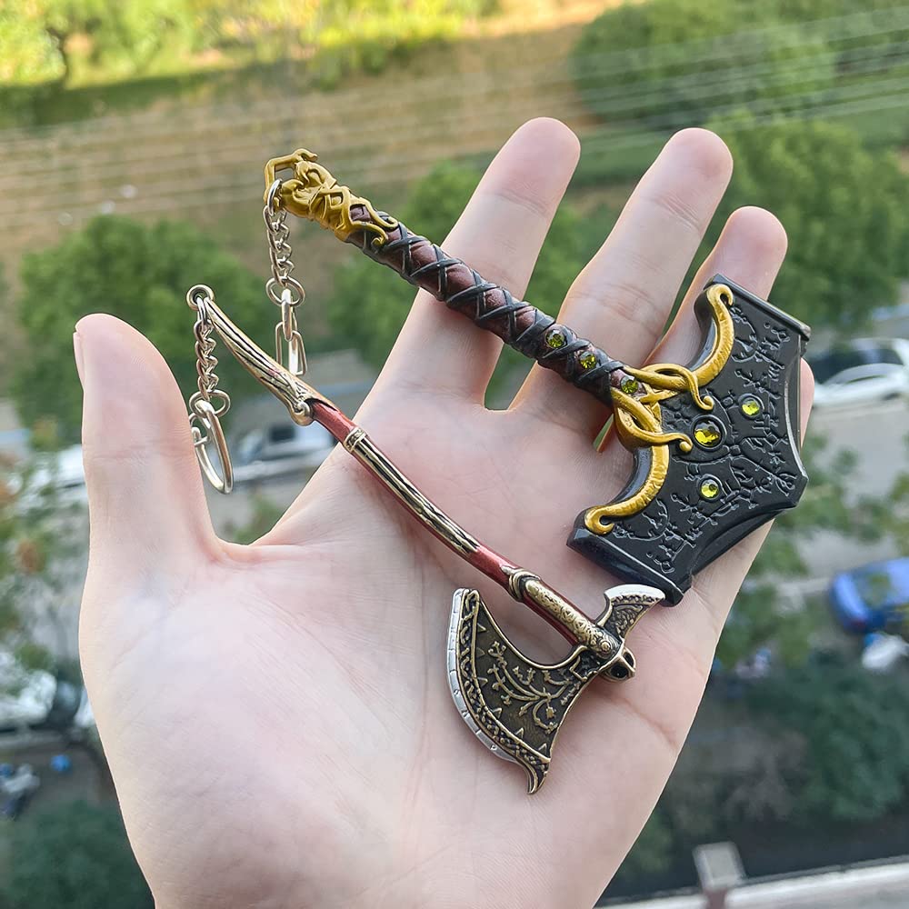 GOW Keychain Set - Leviathan Axe & Mjölnir(Thor) Charm - Cosplay Gifts for Men Women and Game Fans